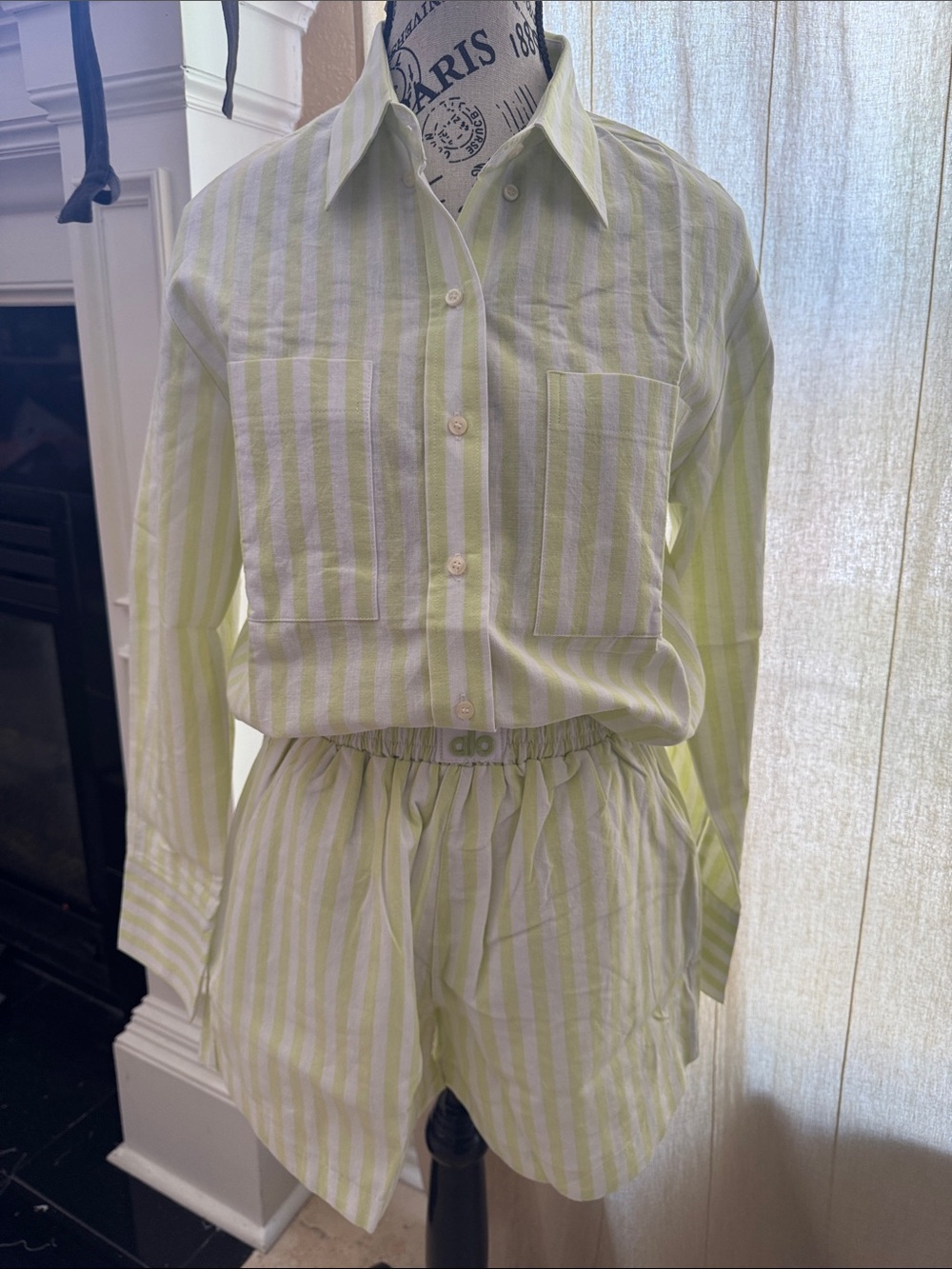 ALO Yoga Light Lime & White Striped Lounge Top